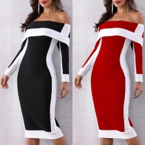 Sexy Off-shoulder Boat Neck Long Sleeve Contrast Color Slim Fit Dress
