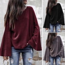 Fashion Solid Coolor Trumpet Sleeve Round Neck Loose T-shirt