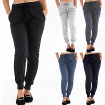 Fashion Elastic Waist Solid Color Slim Fit Casual Pants