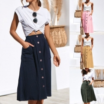 Fashion Solid Color High Waist Single-breasted Skirt