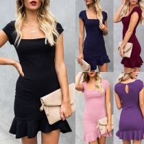 Elegant Solid Color Short Sleeve Square Collar Ruffle Hem Dress
