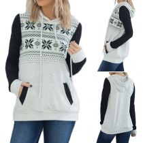 Fashion Snowflake Printed Long Sleeve Contrast Color Hoodie