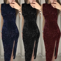 Sexy Slit Hem Sleeveless Round Neck Slim Fit Sequin Dress