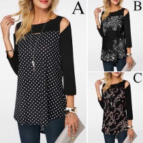 Sexy Off-shoulder Long Sleeve High-low Hem Printed Top