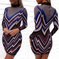 Fashion Long Sleeve Mock Neck Slim Fit Printed Dress
