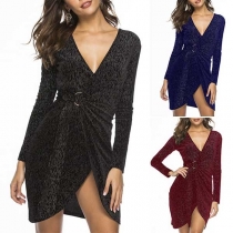Sexy Deep V-neck Slit Hem Long Sleeve Slim Fit Dress