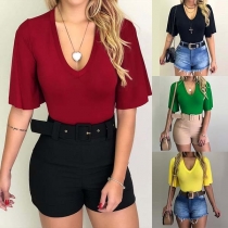 Fashion Solid Color Trumpet Sleeve V-neck T-shirt