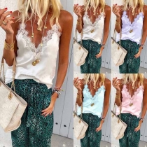 Sexy Lace Spliced V-neck Solid Color Cami Top