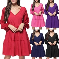 Fashion Solid Color Lantern Sleeve V-neck Loose Dress