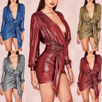 Sexy Deep V-neck Irregular Hem Long Sleeve Slim Fit Dress