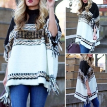 Fashion Contrast Color Mock Neck Tassel Cloak-style Sweater