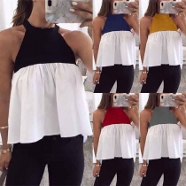 Fashion Contrast Color Halter Sleeveless Off-shoulder Pleated Hem Top