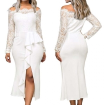 Fashion Solid Color Off-shoulder Lace Spliced Embroidered Over-hip Dress