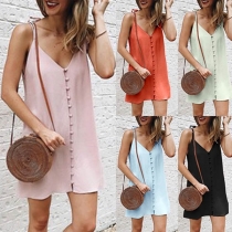 Sexy Backless V-neck Front-button Solid Color Sling Dress