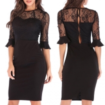 Sexy Lace Spliced Half Sleeve Round Neck Slim Fit Dress