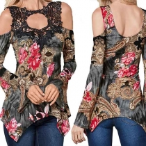 Sexy Off-shoulder Long Sleeve Irregular Hem Lace Spliced Printed T-shirt