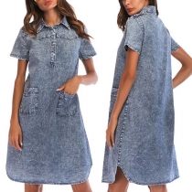 Fashion Short Sleeve POLO Collar Front-pocket Rivets Denim Dress