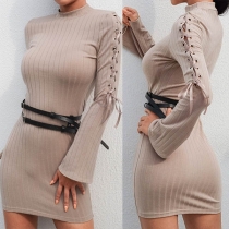 Fashion Lace-up Trumpet Sleeve Solid Color Slim Fit Dress