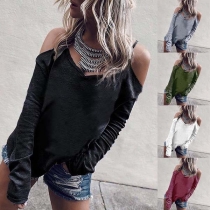 Sexy Off-shoulder Long Sleeve V-neck Solid Color Sling T-shirt 