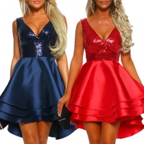Sexy Backless V-neck High-low Hem Sequin Spliced Dress