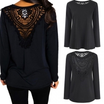 Sexy Hollow Out Lace Spliced Long Sleeve Round Neck T-shirt 