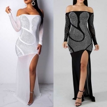 Sexy Boat Neck Slit Hem Long Sleeve Rhinestone Spliced Party Dress