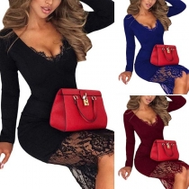 Sexy V-neck Long Sleeve Lace Spliced Slim Fit Dress