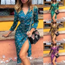 Sexy V-neck Long Sleeve Slim Fit Printed Dress