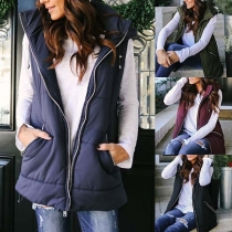 Fashion Solid Color Sleeveless Hooded Zipper-pocket Vest 
