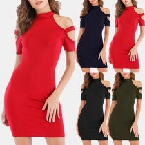 Sexy Off-shoulder Short Sleeve Solid Color Slim Fit Dress