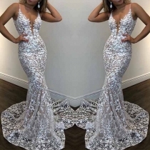 Sexy Deep V-neck Floor-length Sling Lace Party Dress