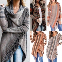 Sweet Contrast Color Long Sleeve Striped Tassels Knitted Coat
