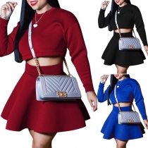 Sexy Long Sleeve Round Neck Crop Top + High Waist Skirt Two-piece Set