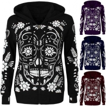Fashion Skull Head Printed Long Sleeve Hooded Sweatshirt Coat