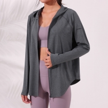 Fashion Solid Color Long Sleeve Irregular Hem Hooded Sweatshirt Jacket