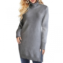 Fashion Solid Color Long Sleeve Turtleneck Slit Hem Sweater