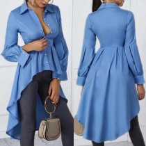 Modekläder för försäljning - Långärmad skjorta med enfärgad design och hög-låg fåll