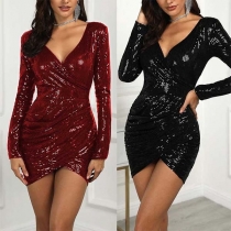 Sexy V-neck Irregular Hem Long Sleeve Slim Fit Sequin Dress