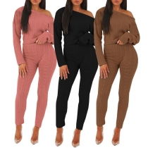Fashion Solid Color Long Sleeve Top + Pants Knit Two-piece Set