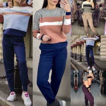 Fashion Contrast Color Long Sleeve Knit Top + Pants Two-piece Set