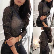 Sexy Long Sleeve Mock Neck See-through Gauze Top