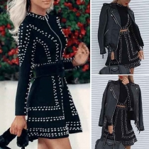 Fashion Long Sleeve Stand Collar Rivets Top + Skirt Two-piece Set