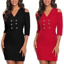 Sexy Off-shoulder 3/4 Sleeve V-neck Double-breasted Slim Fit Dress