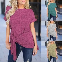 Fashion Short Sleeve Round Neck Irregular Hem Lace-up T-shirt