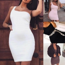Sexy One-shoulder Sleeveless Solid Color Slim Fit Dress