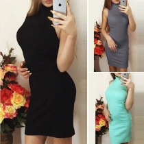 Fashion Solid Color Sleeveless Turtleneck Slim Fit Knit Dress