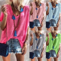 Simple Style Short Sleeve V-neck Solid Color Loose T-shirt 