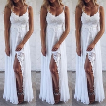 Sexy Backless Slit Hem Lace Spliced Sling Dress