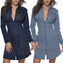 Fashion Long Sleeve POLO Collar Slim Fit Rivets Denim Dress