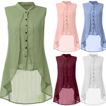 Fashion Lapel Collar Single-breasted Sleeveless Slim Fit High-low Hemline Shirt